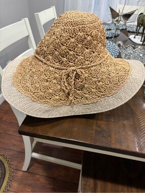 Kate Landry Crochet Straw Sun Hat in Natural Tan
